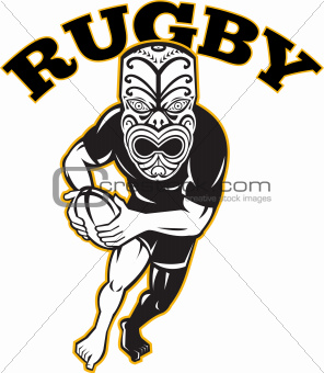 Maori Mask Rugby Player Running With Ball