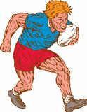 Rugby Player Running With Ball Woodcut