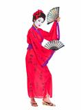 Full length portrait of geisha dancing with fans isolated on white