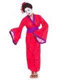 Full length portrait of geisha inviting isolated on white