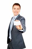 Confident business man holding blank business card