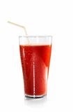 Bloody Mary over white background. Glass of tomato juice and a straw