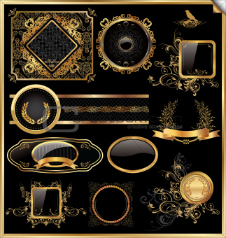 Vector set of vintage framed black and gold labels