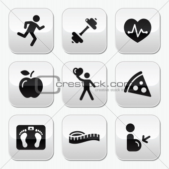 Keep fit and healthy icons on glossy buttons
