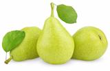 Green yellow pears with leaves on white