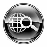 globe and magnifier icon black, isolated on white background.