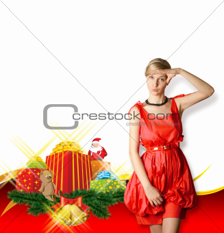 Woman In Red With Christmas Gifts