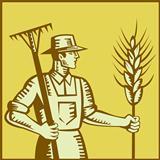 Farmer With Rake and Wheat Woodcut
