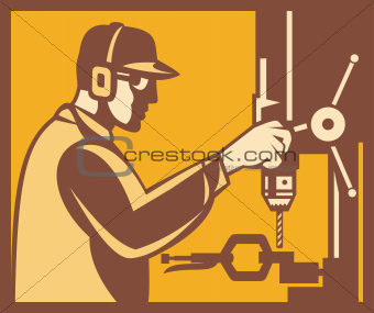 Factory Worker Operator With Drill Press Retro
