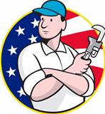 American Plumber Worker With Adjustable Wrench 
