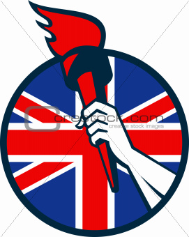 Hand Holding Flaming Torch British Flag
