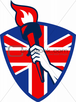 Hand Holding Flaming Torch British Flag
