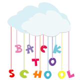 Back to school illustration with colored letters and clouds