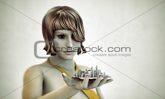 girl holding a city in her hand