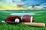 Baseball, bat, and mitt in field at sunset