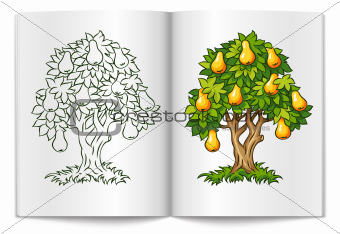 pear tree with ripe fruits on book spread