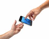 Two hands reaching smartphone