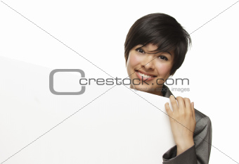 Attractive Mixed Race Young Adult Female Holding Blank White Sign in Front of Her Isolated on a White Background.