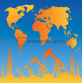 White World Map, Oil rig and oil pump. Vector illustration.