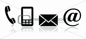 Contact black icons set - mobile, phone, email, envelope