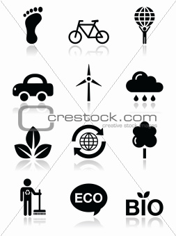 Green ecology black clean icons set