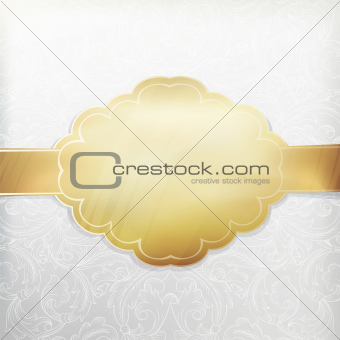 Vintage white invitation with golden label. Vector, EPS 10