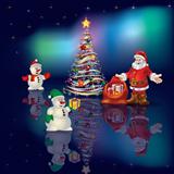 Abstract Christmas blue greeting with Santa Claus and snowmen