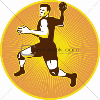 Handball Player Jumping Throwing Ball Scoring Retro
