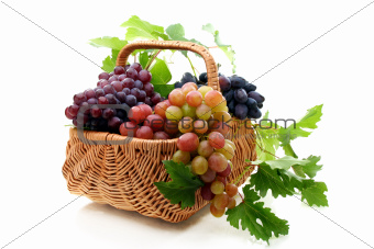 Basket of grapes on a white background.