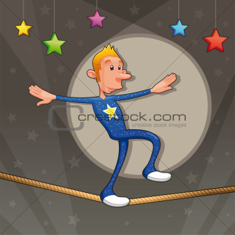 Funny equilibrist is walking on the tightrope.