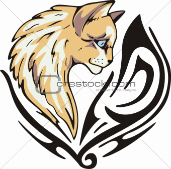 Tattoo with cat head. Color vector illustration.