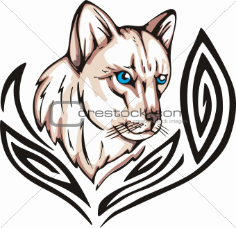 Tattoo with cat head. Color vector illustration.