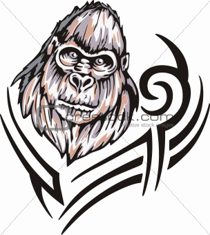 Tattoo with gorilla head. Color vector illustration.