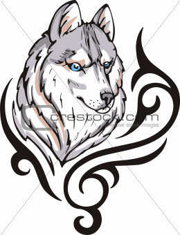 Tattoo with wolf head. Color vector illustration.