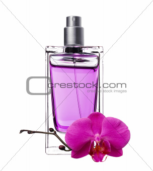 women's perfume in beautiful bottle with pink orchid isolated on