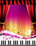 Piano keys with red curtain
