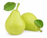 Green yellow pears with leaves on white