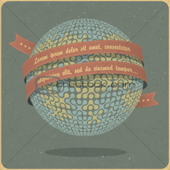 Retro globe symbol with ribbon and sample text. Vector, EPS10