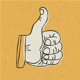Retro styled thumb up symbol on yellow textured background. 