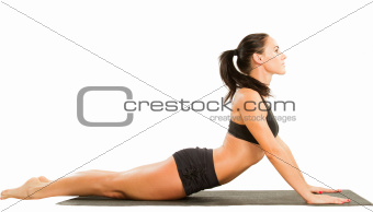 young woman in sports bra on yoga pose