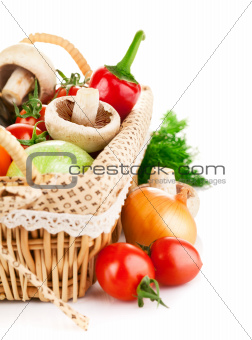 fresh vegetable in basket with green leaf