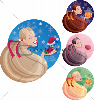 Set of long hair women's images which symbolize holidays