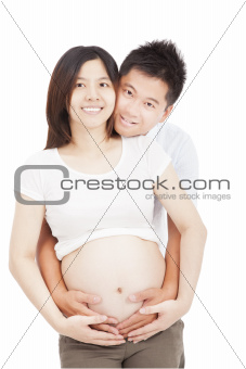 asian pregnant women with husband isolated on white 