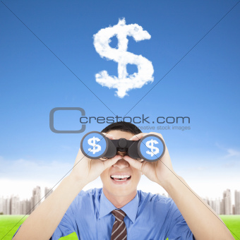 happy businessman holding binoculars and watching the money clou