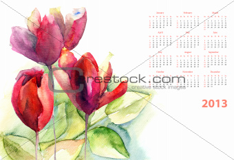 Watercolor calendar with green leaves and Tulips flower
