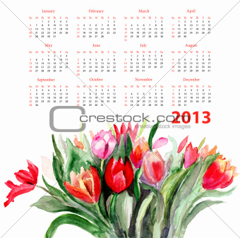 Template for calendar 2013 with Tulips flowers 