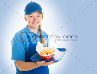 Fast Food Worker on Blue