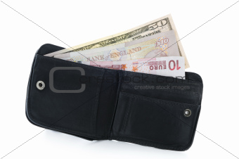 wallet with dollar pound and euro notes