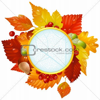 Autumnal round frame with fall leaf, chestnut, acorn and ashberry