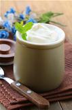dairy product (sour cream, yogurt,) in ceramic jar